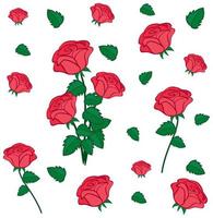 Set of cute red roses flowers and leaf