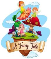 Font design for word a fairy tale with many fairies flying in garden vector