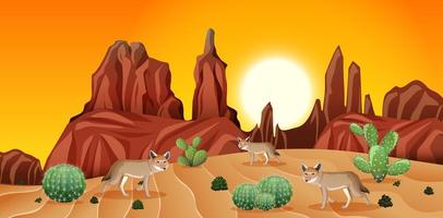 desierto con montañas rocosas y paisaje de coyotes al atardecer vector