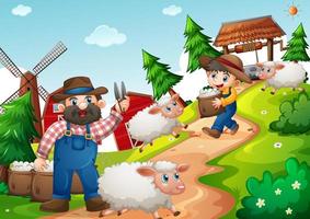 Father and son in the farm with many sheep scene vector