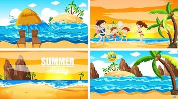 cuatro escenas de fondo con verano en la playa. vector