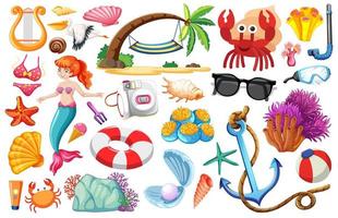 Conjunto de personaje de dibujos animados de icono de sirena y verano sobre fondo blanco vector