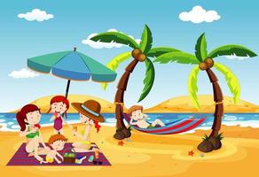 Ocean scene with people having fun on the beach vector