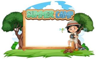 diseño de plantilla de borde con niña en el campamento de verano vector