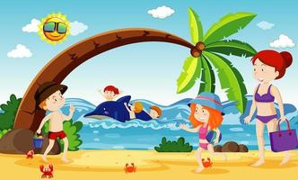 Ocean scene with people having fun on the beach vector