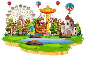 Scene with many rides in the funpark on white background vector