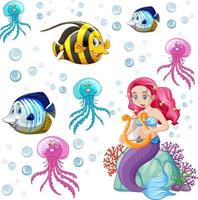 Conjunto de animales marinos y personaje de dibujos animados de sirena sobre fondo blanco. vector
