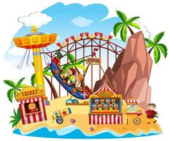 Themepark scene with many rides on the island vector