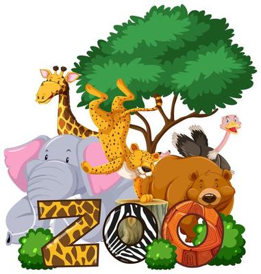 Group of animals under the tree with zoo sign