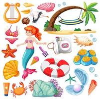 Set of mermaid and summer icon cartoon character on white background vector