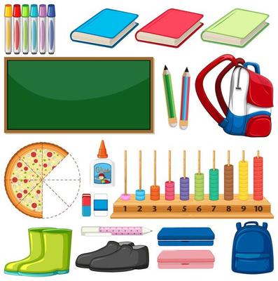 Large set of school items on white background