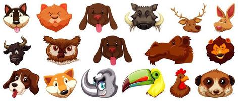 Set of different cute cartoon animals head huge isolated on white background vector