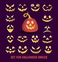 Illustration of fun pumpkin smiles. Designer of the symbol of an dark violet background with various eyes, nose and smile. The main symbol of the international holiday is happy Halloween. vector