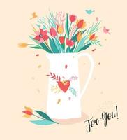 Bouquet of flower in the white coffeepot vector