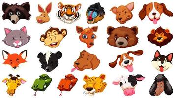 Set of different cute cartoon animals head huge isolated on white background vector
