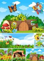 Set of different insects living in the garden background vector