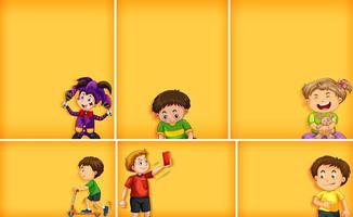 Set of different kid characters on yellow color background vector