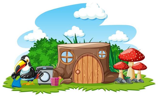 Stump house with cute bird cartoon style on white background