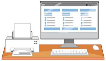 Computadora e impresora en el escritorio de oficina sobre fondo blanco. vector