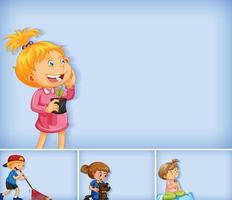 Set of different kid characters on blue color background vector