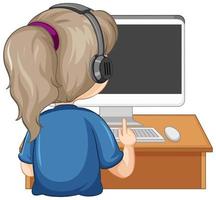 Back view of a girl with computer on the table on white background vector