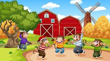 Farm with red barn and windmill scene vector