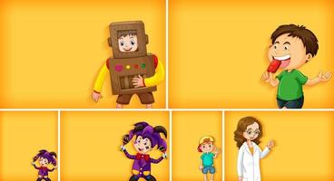 Set of different kid characters on yellow color background vector