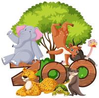 Group of animals under the tree with zoo sign vector