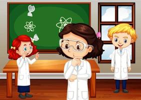 estudiantes en bata de ciencia de pie en el aula vector