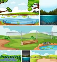 Six different scenes in nature setting cartoon style vector