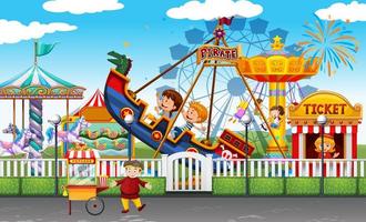 Escena del parque temático con muchas atracciones y niños felices. vector