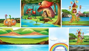 Six different scene of fantasy world with fantasy places and fantasy characters vector