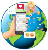 Children with social media elements on earth globe vector