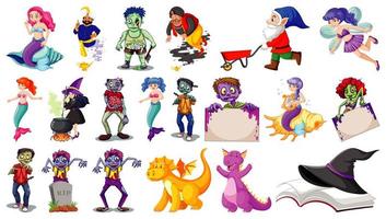 conjunto de personajes de dibujos animados de fantasía y tema de fantasía aislado sobre fondo blanco