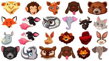 Set of different cute cartoon animals head huge isolated on white background vector