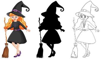 Witch with broomstick in color and outline and silhouette cartoon character isolated on white background vector
