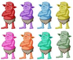 Conjunto de coloridos duendes o troll pose de pie con cara de ira en personaje de dibujos animados aislado vector