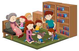 Granny with grandchildren in the library isolated on white background vector