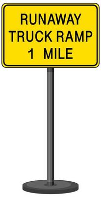 Runaway truck ramp 1 mile warning sign with stand isolated on transparent background