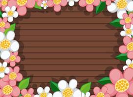 Top view of blank wooden table with leaves and pink and white flower elements vector