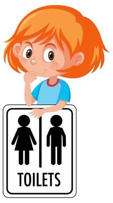 Girl holding toilets sign isolated on white background