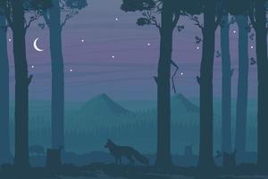 Horizontal night sscene with deciduous forest, fox vector