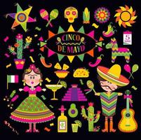 Cinco de Mayo set with Mexican icons vector