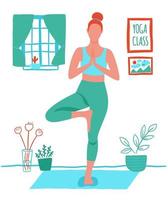 Woman exercising yoga at home vector