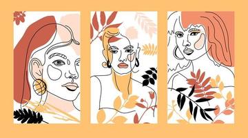 Set of female faces, minimal line style cards vector