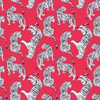 Hand drawn tiger seamless pattern on red background vector