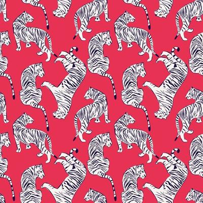 Hand drawn tiger seamless pattern on red background