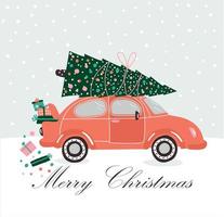 Pink car, Christmas gifts and tree vector