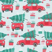 patrones sin fisuras con coches rojos y árboles de navidad vector