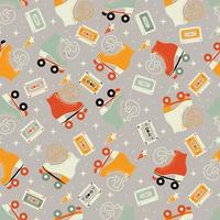 Seamless pattern with roller skates and cassette tapes vector
